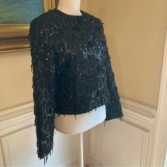 ZARA Black Tweed Fringe Sequin Blazer Jacket NWT